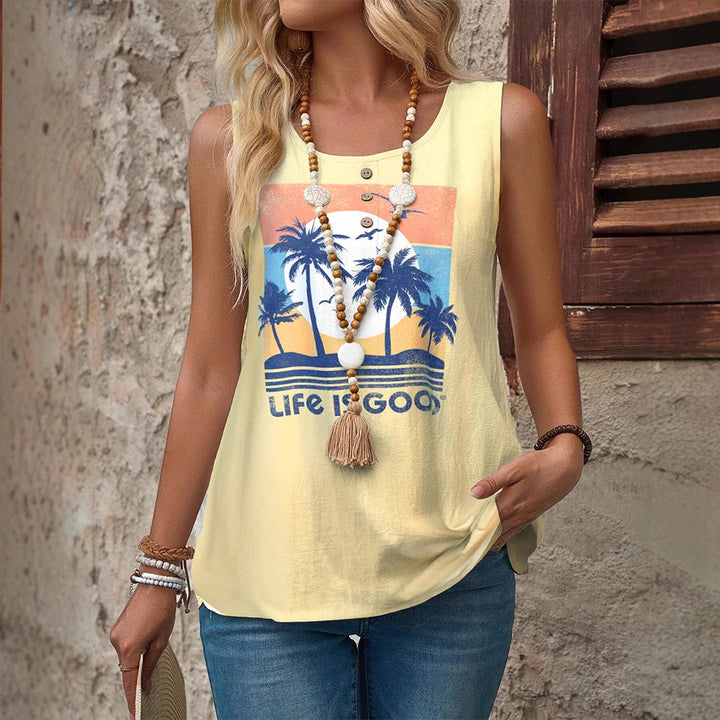 Women's sleeveless summer top with palm motif, decorative button placket and loose fit Mune Fashion