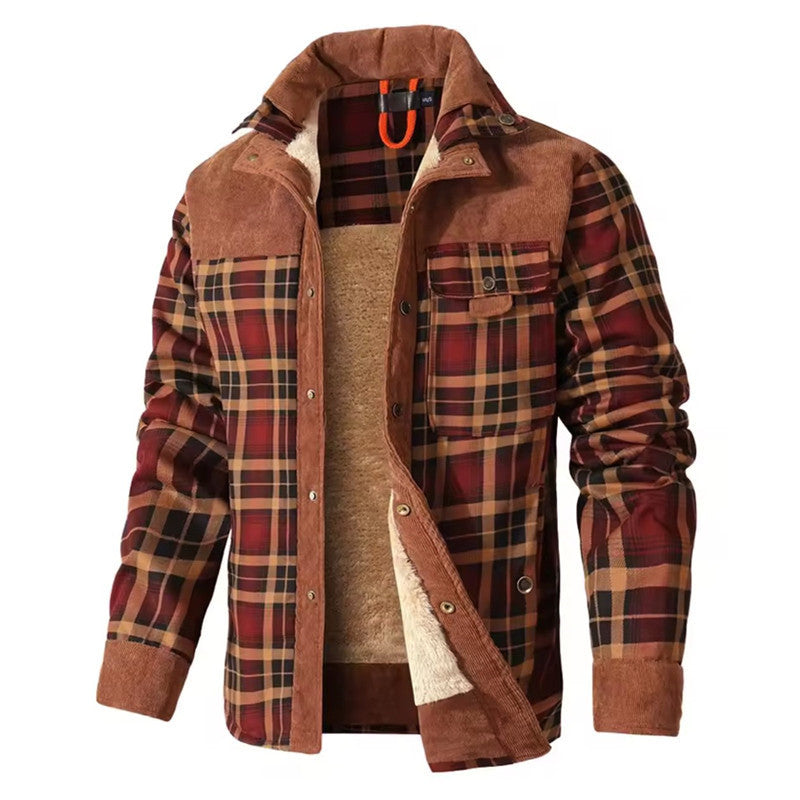 Men's Checkered Thermal Shirt Jacket with Teddy Lining and Cord Trim Mune Fashion