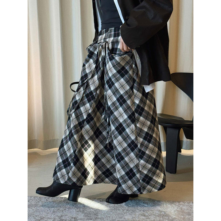 Women's Wide Checked Maxi Skirt with Drawstring and Layered Ruffles Mune Fashion