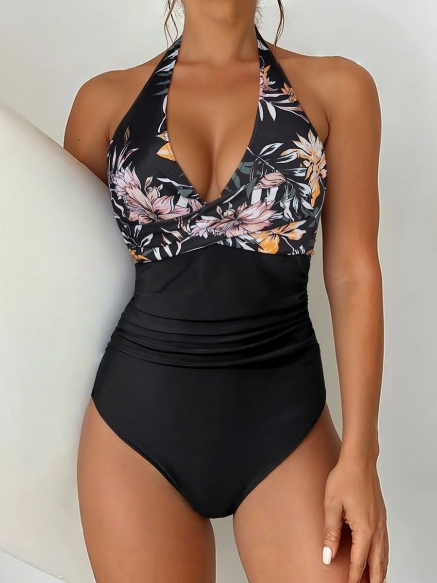 Ladies Elegant V-Neck One-Piece Swimsuit with Floral Accents Mune Fashion