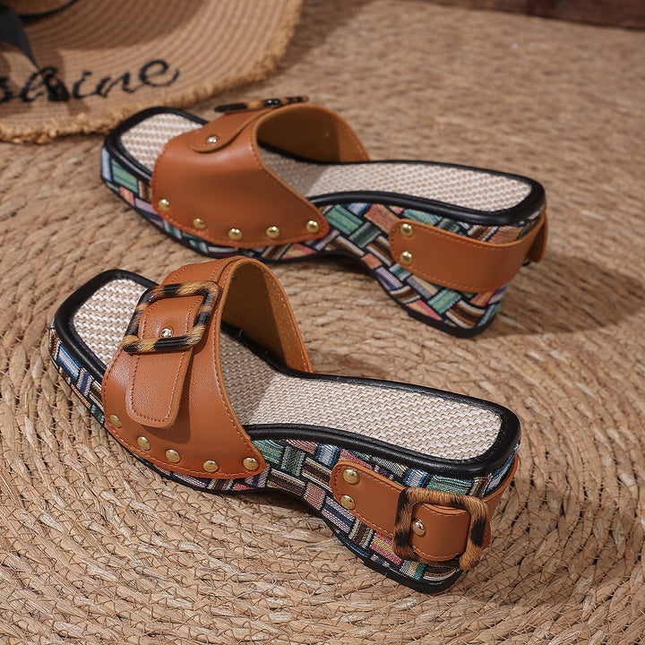 Women's Patterned Platform Mules with Decorative Buckle, Studs and Padded Footbed Mune Fashion