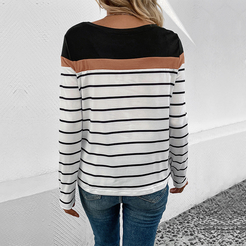Women Striped Long Sleeve Shirt with Color Block Detail and Round Neckline Mune Fashion