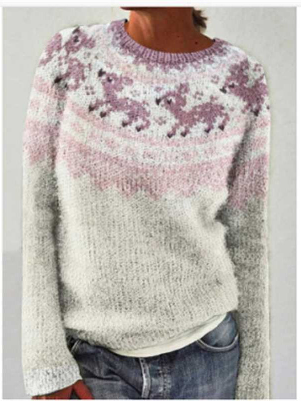 Women's Norwegian sweater made of wool blend with round neck and traditional Fair Isle yoke Mune Fashion