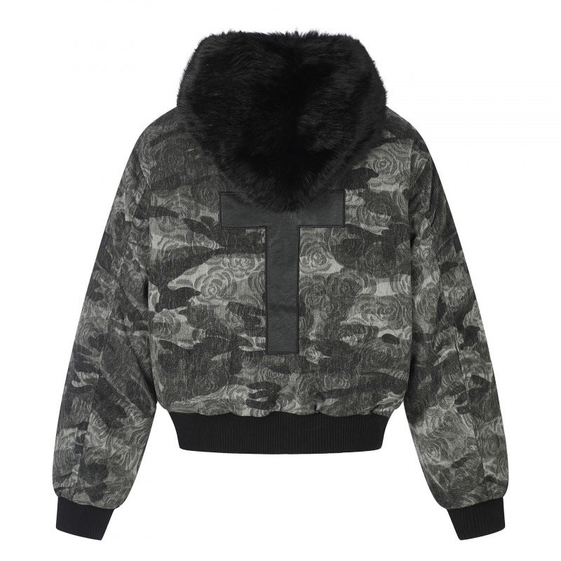 Ladies Boxy Bomber Jacket with Soft Faux Fur Collar and Floral Camouflage Structure Mune Fashion