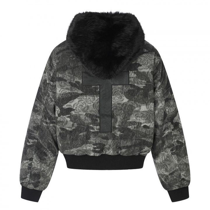 Ladies Boxy Bomber Jacket with Soft Faux Fur Collar and Floral Camouflage Structure Mune Fashion