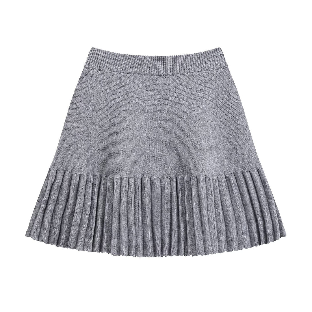 Ladies Two-Piece Fine Knit Set with V-Wrap Top, Bead Trim and Pleated Midi Skirt Mune Fashion