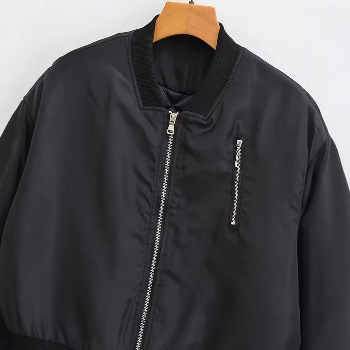 Women nan windproof satin bomber jacket with chest zipper, ribbed cuffs and light thermal lining Mune Fashion