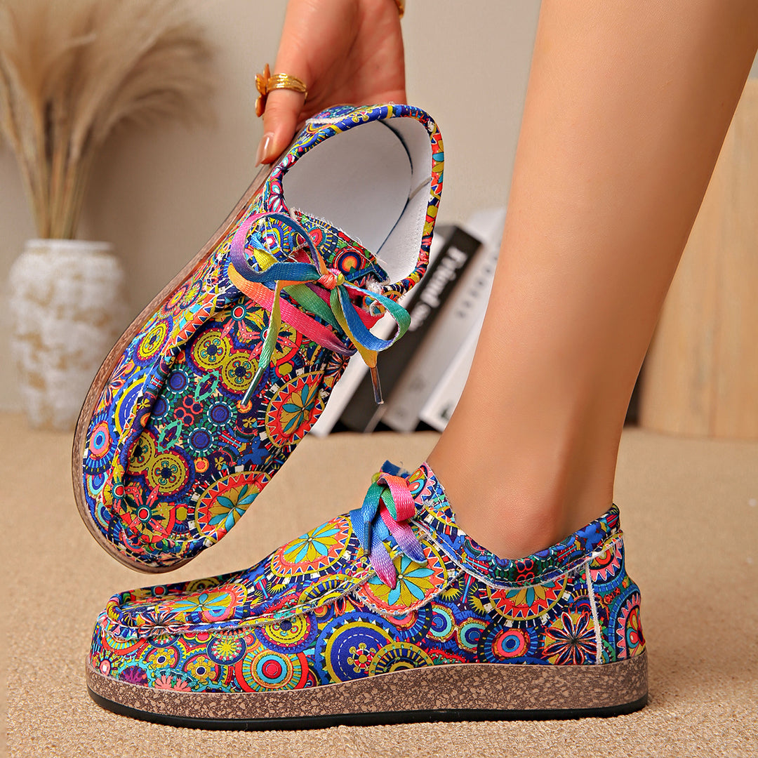 Ladies Comfortable Platform Slippers in Ethno Print with Cork Look Sole Mune Fashion