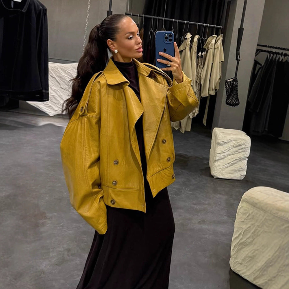 Women Oversize Leather Jacket with Voluminous Balloon Sleeves and Short Boxy Silhouette Mune Fashion