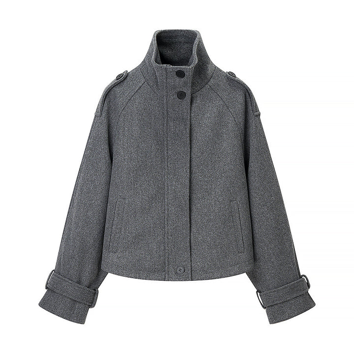 Women's short cut wool blend cropped jacket with stand-up collar, epaulettes, and adjustable sleeve straps Mune Fashion