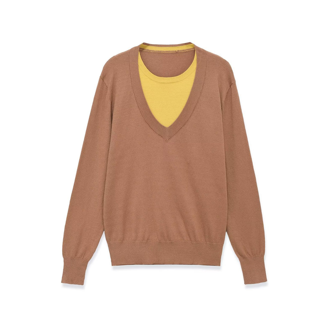 Women Fine V-Neck Knit Sweater with Integrated Contrast Layer Mune Fashion