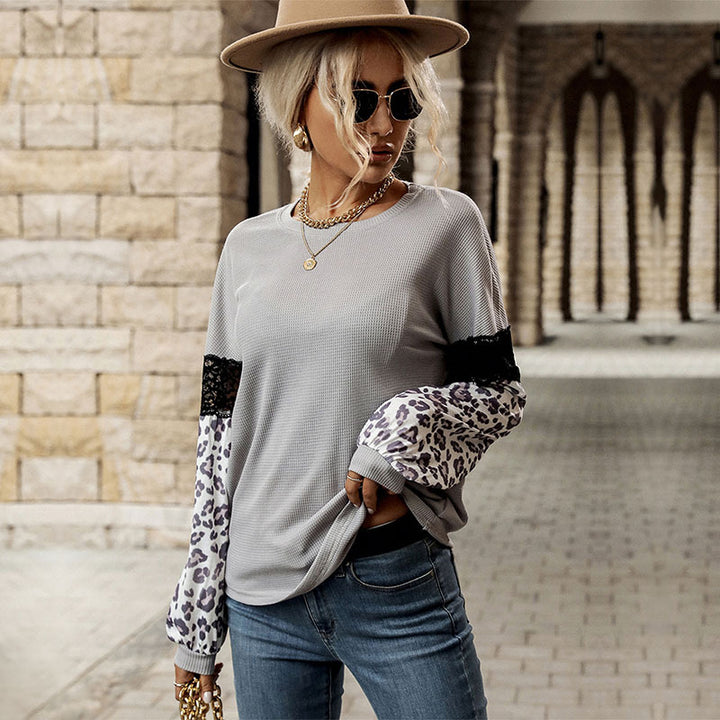 Women’s Long Sleeve Shirt with Leopard Sleeves and Lace Trim Mune Fashion