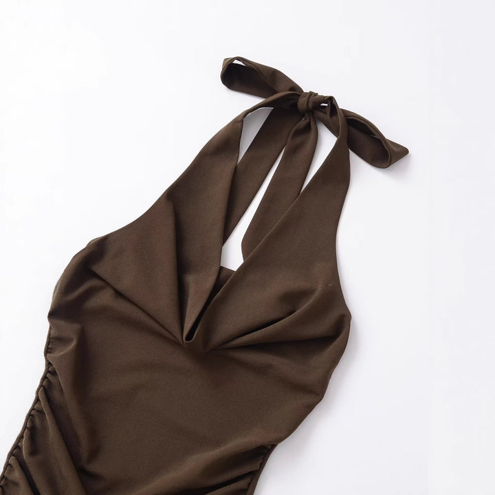Ladies midi dress with halter neck, waterfall cowl neckline and side gathering Mune Fashion