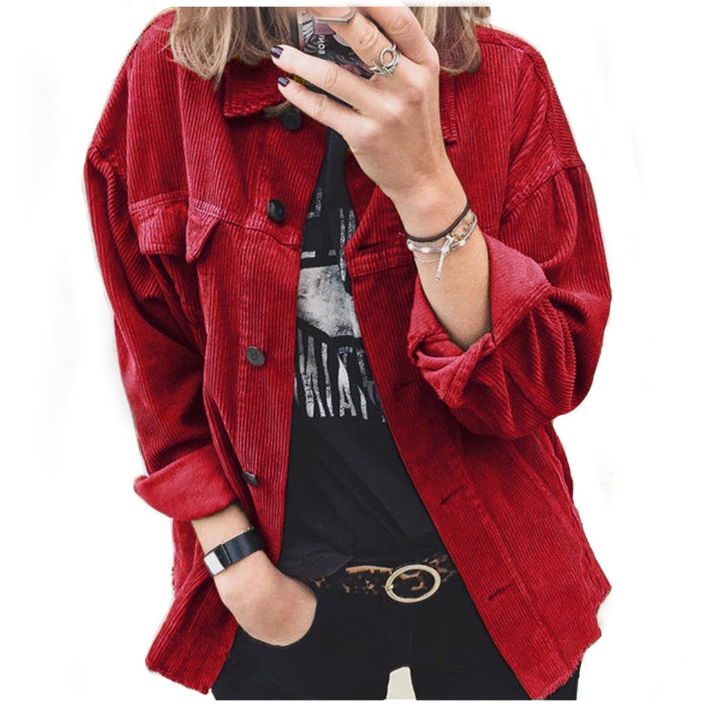 Women nano oversized cord jacket with applied pockets and classic button placket Mune Fashion