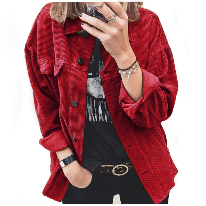 Women nano oversized cord jacket with applied pockets and classic button placket Mune Fashion