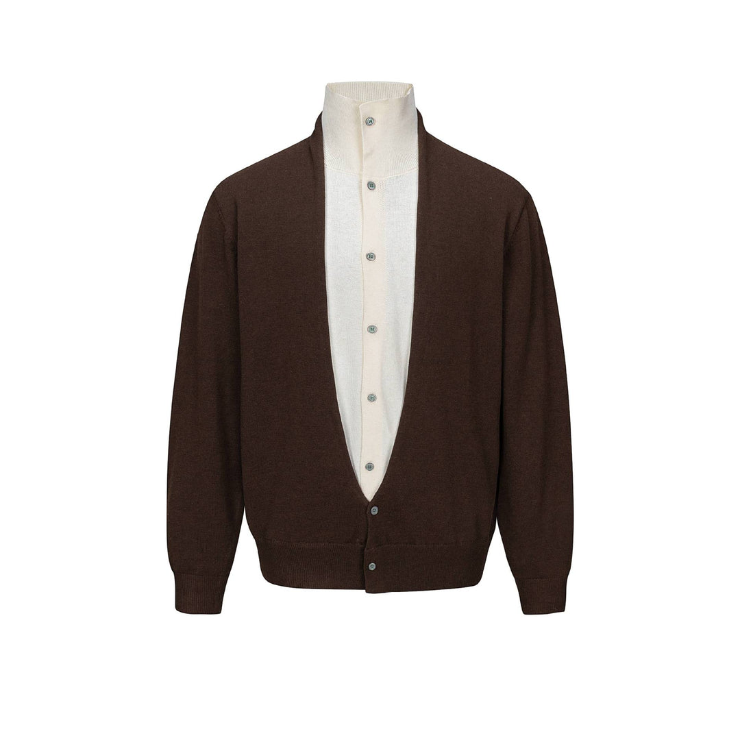 Men's fine-knit layering cardigan with deep V-neck and integrated polo collar Mune Fashion
