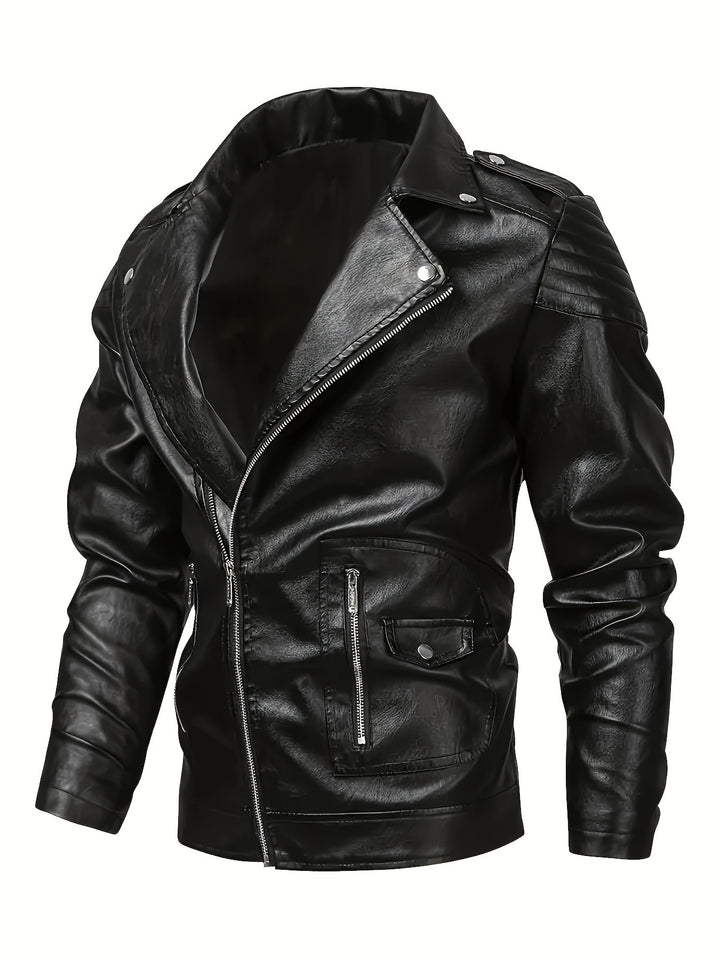 Men's biker jacket made of faux leather with asymmetrical zipper and padded shoulder inserts Mune Fashion