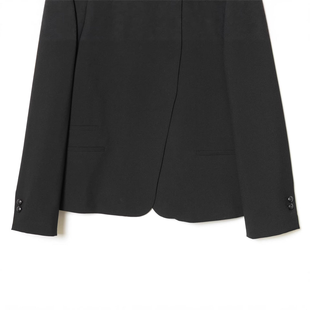 Women's tailored stand collar blazer with hidden asymmetrical front and decorative buttons Mune Fashion