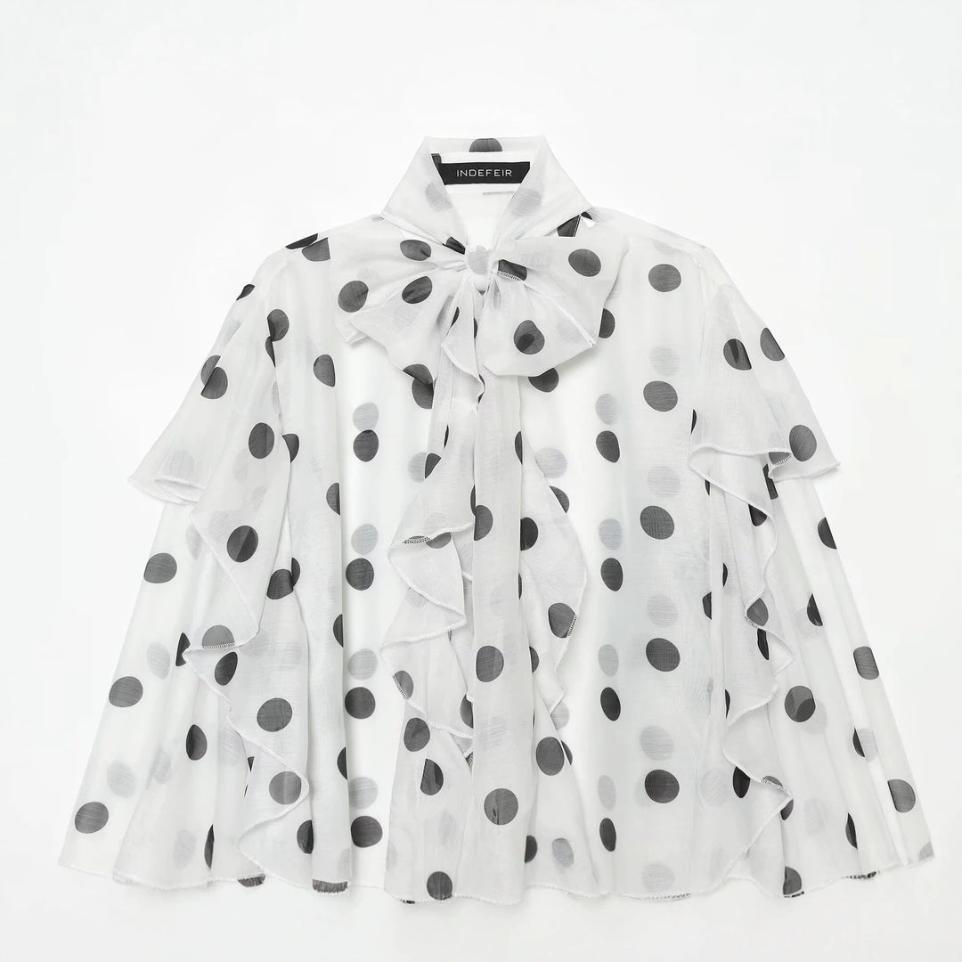 Women's Lightweight Chiffon Blouse with Ruffles, Bow Collar and Polka Dot Print Drune