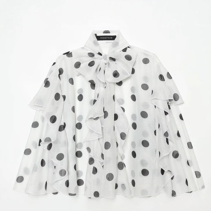 Women's Lightweight Chiffon Blouse with Ruffles, Bow Collar and Polka Dot Print Drune