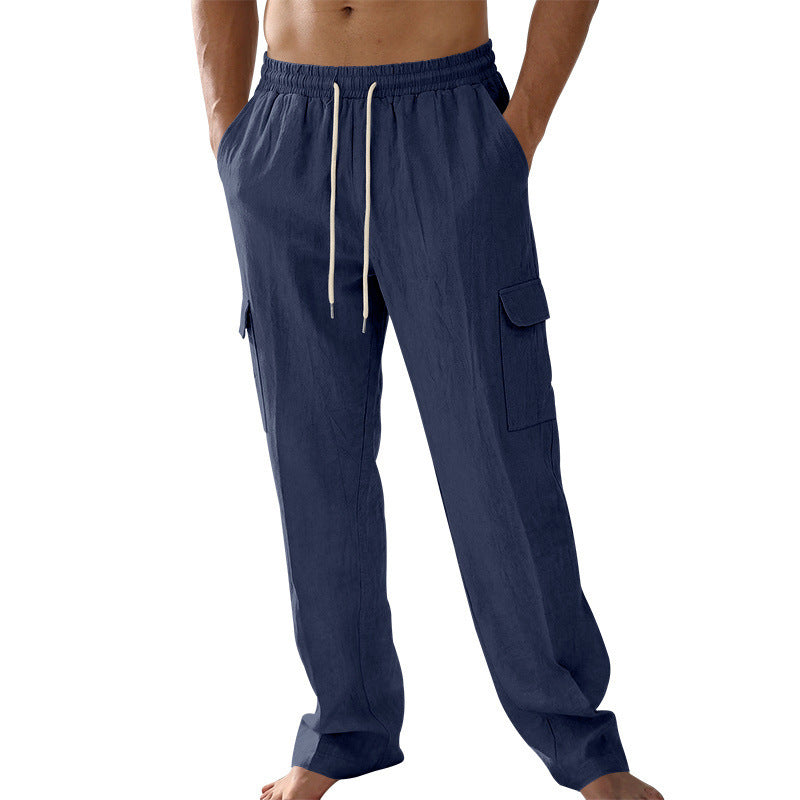 Men's cargo beach pants made of linen blend with elastic waistband and drawstring Mune Fashion