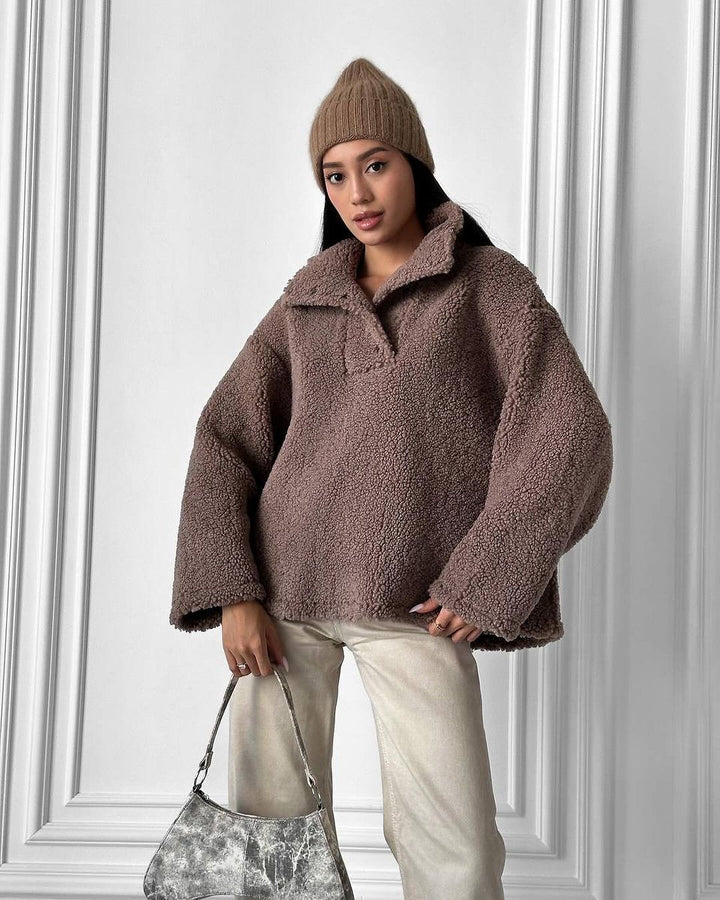 Women Oversized Teddy Sweater with Half Snap Placket and Stand Collar Mune Fashion
