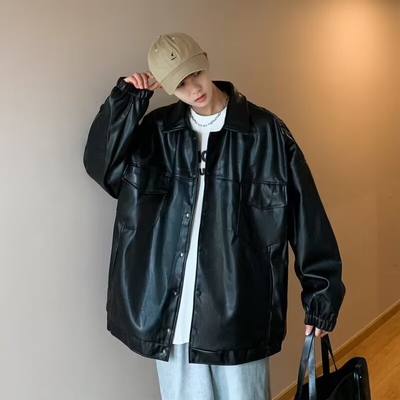 Men's Oversized PU Leather Shacket with Flap Pockets and Elastic Cuffs Mune Fashion
