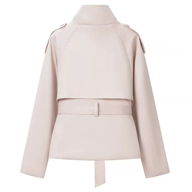 Women's Cropped Trench Coat in Boxy Cut with Stand Collar, Epaulettes and Waist Belt Mune Fashion