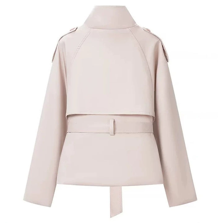 Women's Cropped Trench Coat in Boxy Cut with Stand Collar, Epaulettes and Waist Belt Mune Fashion