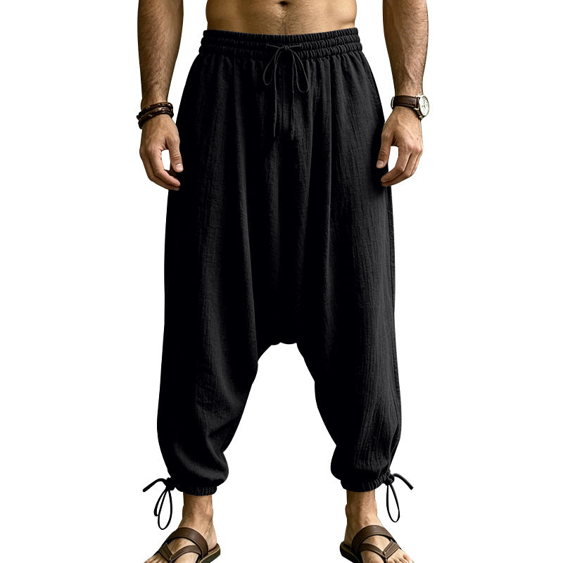 Men's harem pants with a low crotch, elastic waistband, and adjustable ankle cuffs Mune Fashion
