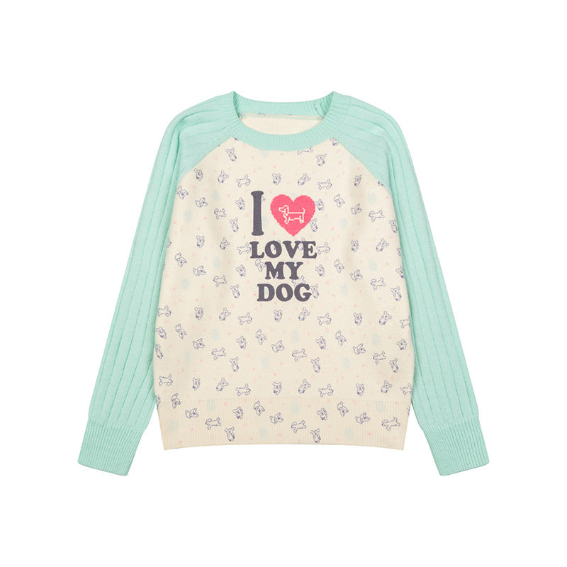 Women's knitted raglan sweater with heart dog motif, ribbed sleeves and all-over print Mune Fashion