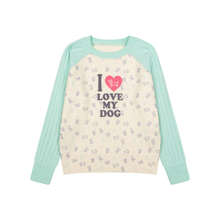 Women's knitted raglan sweater with heart dog motif, ribbed sleeves and all-over print Mune Fashion