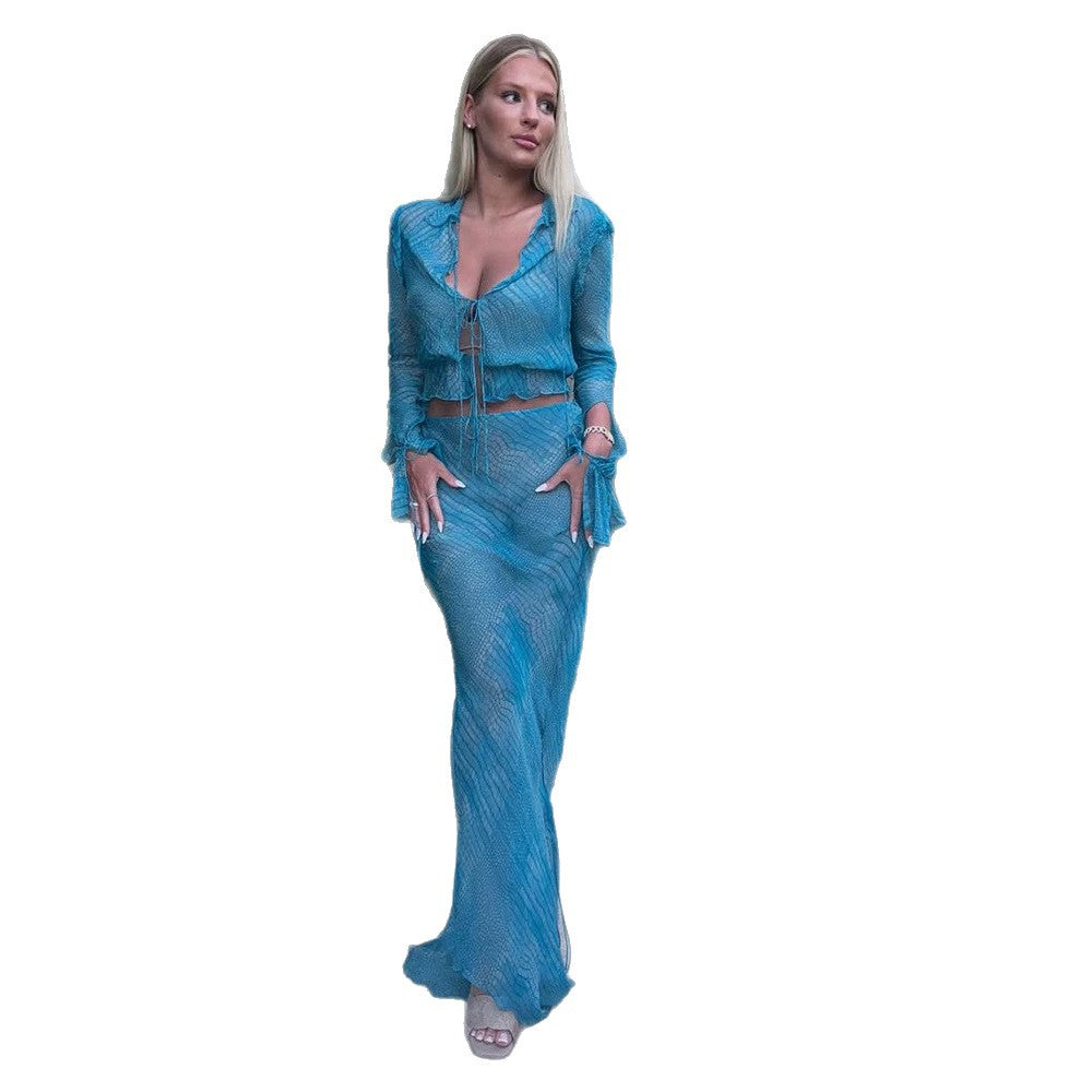 Women's Transparent Mesh Cropped Blouse with Tie and Tube Maxi Skirt Mune Fashion