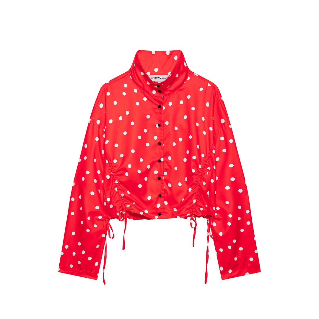 Women's Cropped Polka Dot Blouson Jacket with Standing Collar and Drawstring