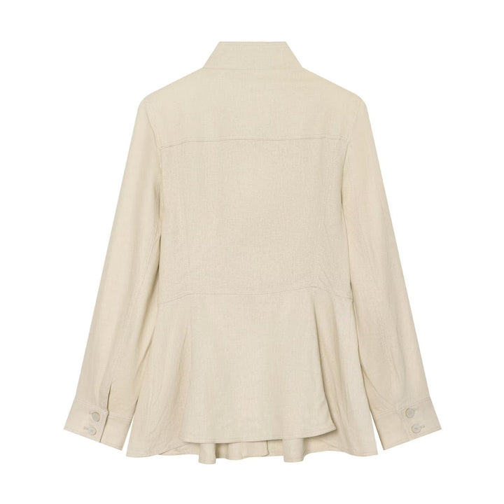 Women's Lightweight Linen-Look Shirt Jacket with Stand Collar, Button Placket and Flared Hem Mune Fashion