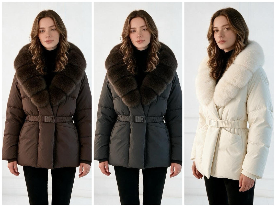 Women's tailored quilted jacket with oversized faux fur collar, fitted belt, and warming thermal insulation Mune Fashion