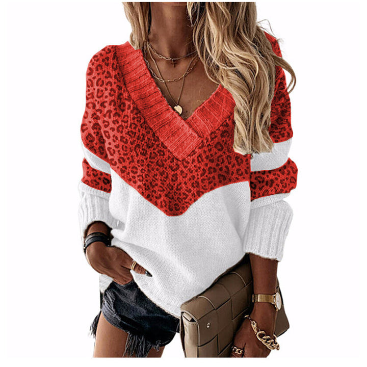 Women's V-neck knitted sweater with leopard print and color block design Mune Fashion