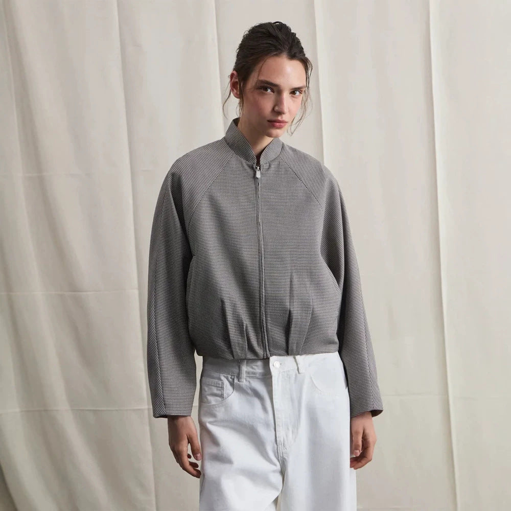 Women's short bomber jacket with raglan sleeves, stand-up collar, and fine houndstooth pattern Mune Fashion
