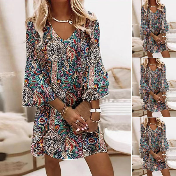 Women's Boho Paisley Tunic Dress with V-Neck and Three-Quarter Bell Sleeves Mune Fashion