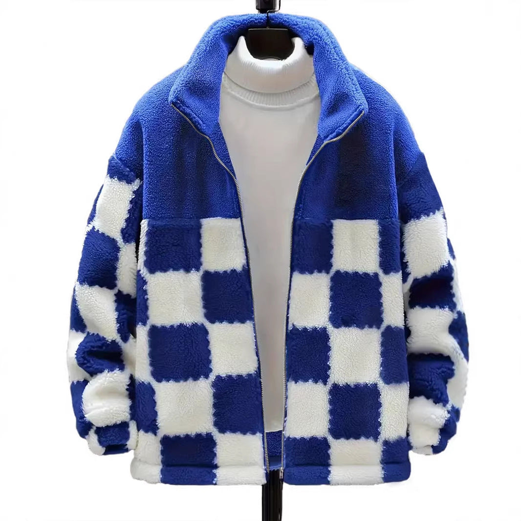Women's Checked Design Teddy Fleece Jacket with Stand-Up Collar, Zipper and Oversized Cut Mune Fashion