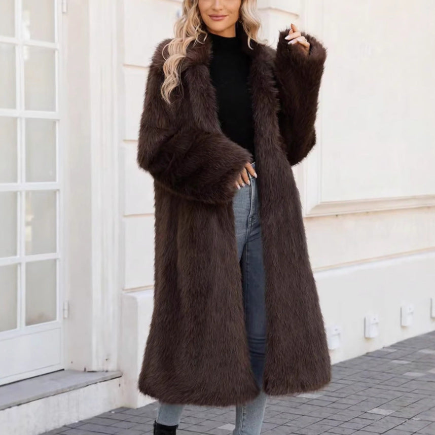 Ladies Fluffy Faux Fur Coat with Soft Lapel Mune