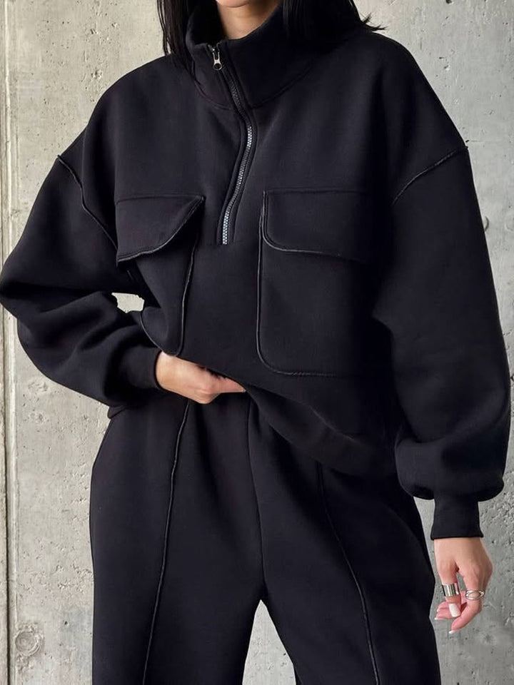 Women's Oversize Half-zip Sweatshirt with Patch Pockets and Contrast Piping Mune Fashion