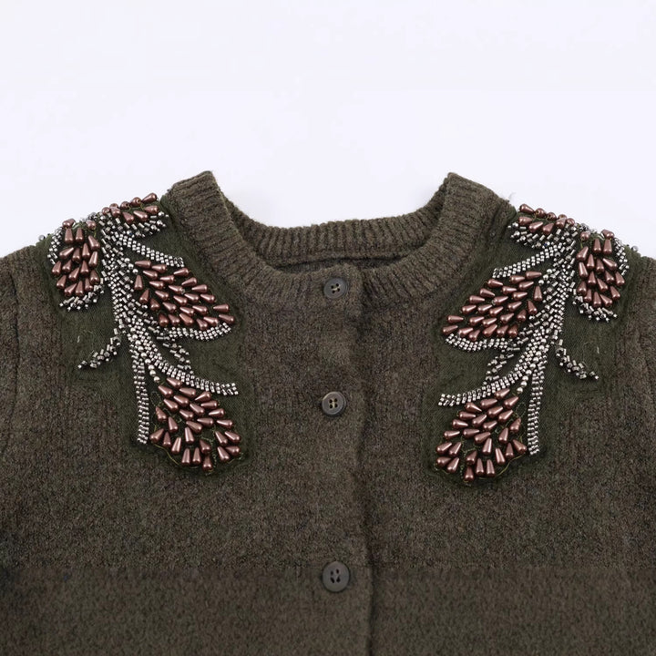 Ladies Short Boucle Cardigan with Bead and Bead Appliqué on the Shoulders Mune Fashion