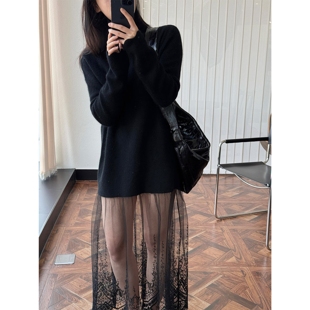 Women's Oversized Knit Dress with Stand Collar and Extended Sleeves Mune Fashion