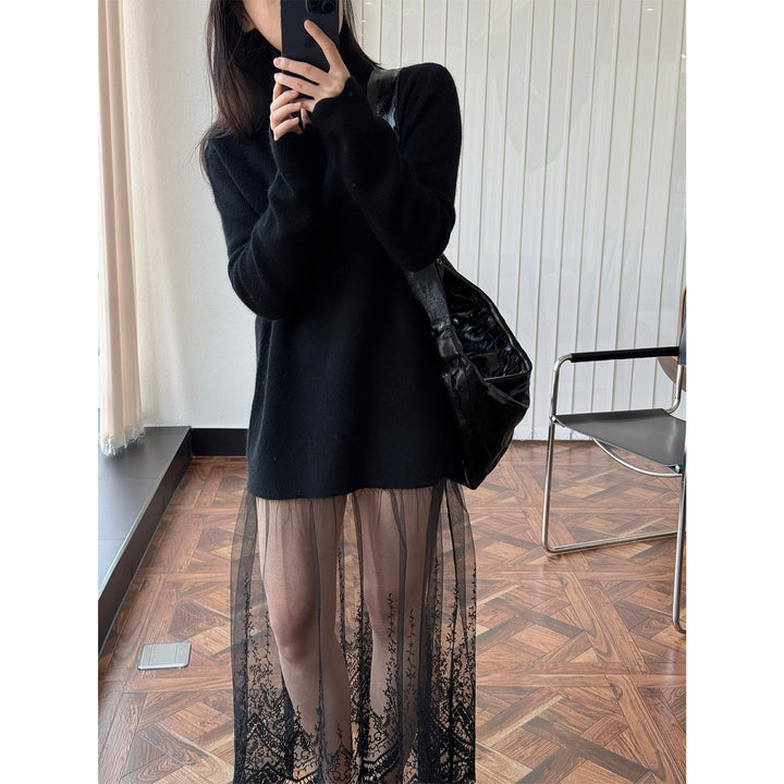 Women's Oversized Knit Dress with Stand Collar and Extended Sleeves Mune Fashion