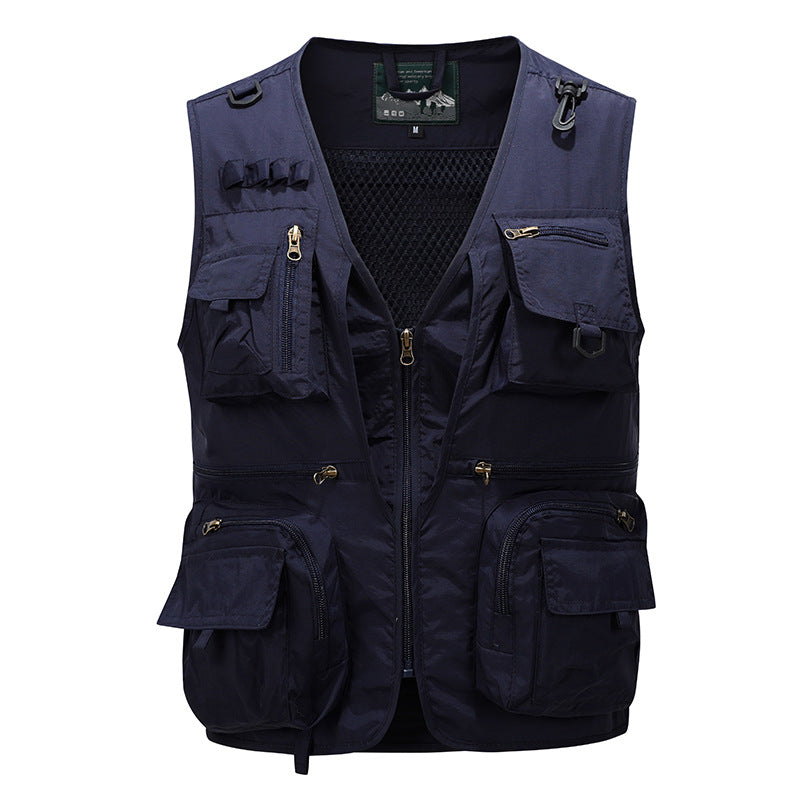 Men's multifunctional fishing vest with mesh lining, multiple zipper and flap pockets.
