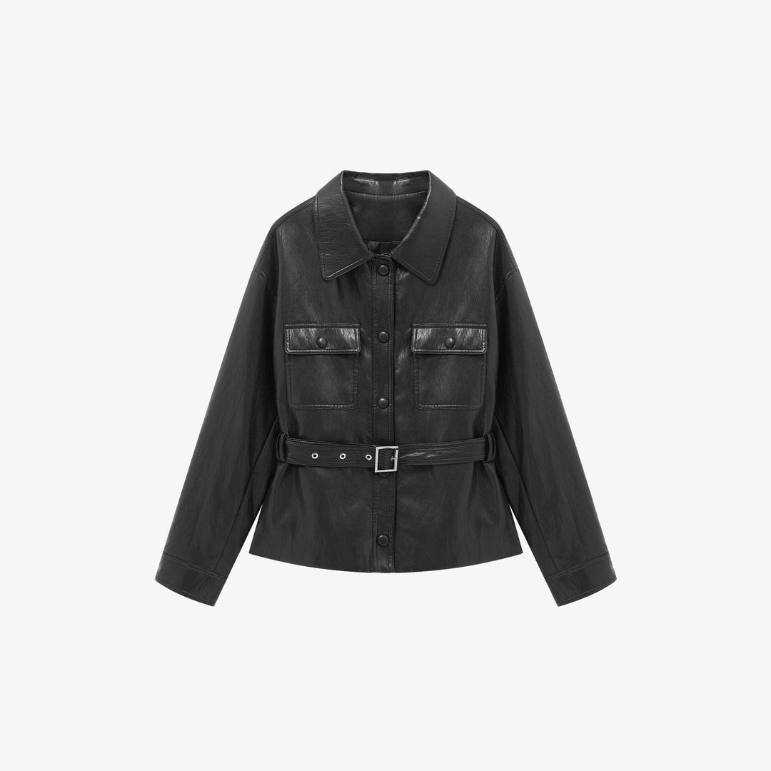 Women's leather jacket with waist belt and patch pockets Mune Fashion