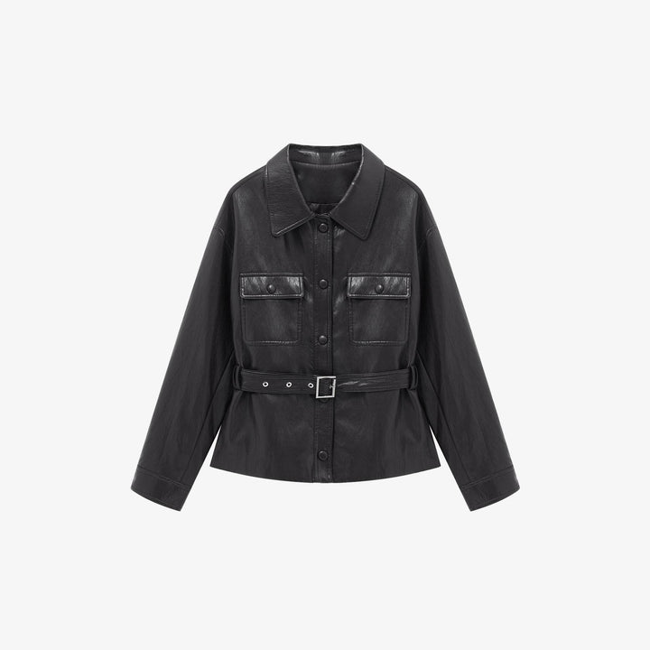 Women's leather jacket with waist belt and patch pockets Mune Fashion
