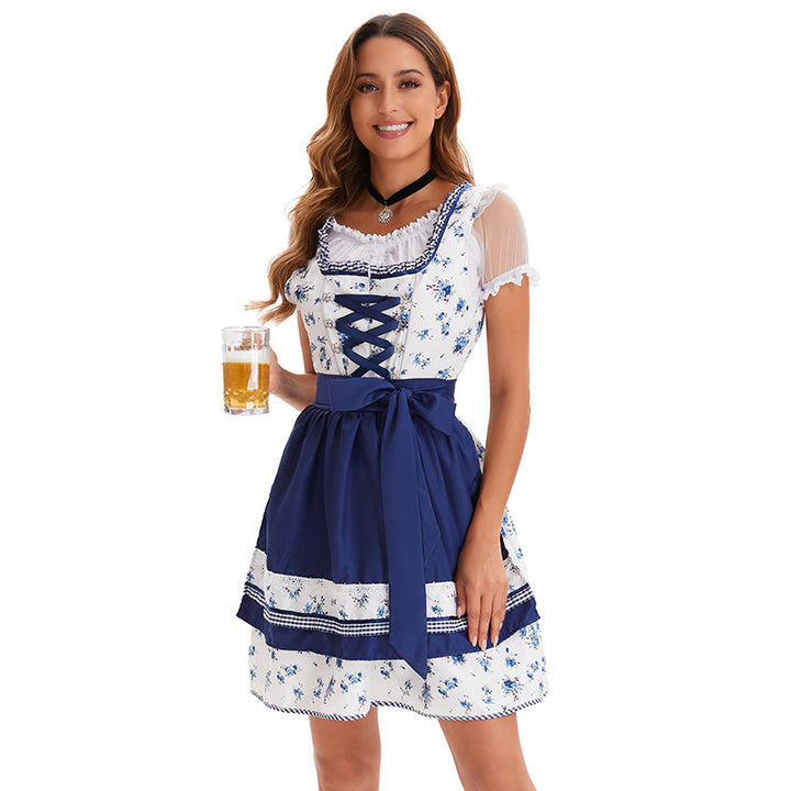 Ladies' short traditional dress in Bavarian style with laced bodice, lace collar, and apron skirt Mune Fashion