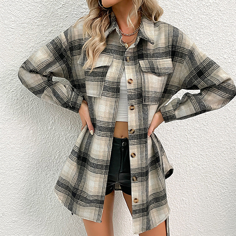 Women Checked Longline Shirt Coat with Button Placket and Waist Belt Mune Fashion